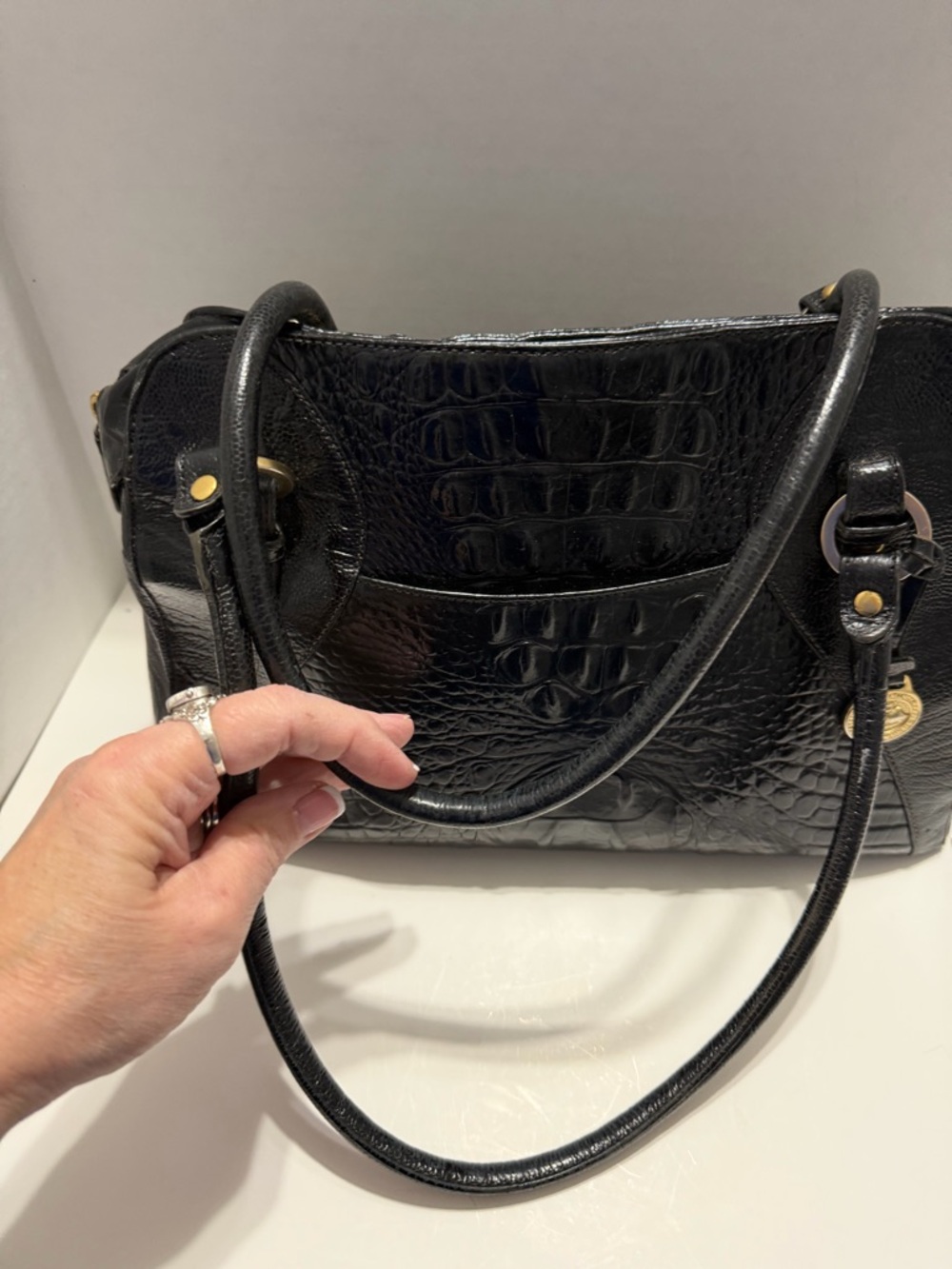 Brahmin Black Croc-Embossed Leather Shoulder Tote - Picture 3 of 9